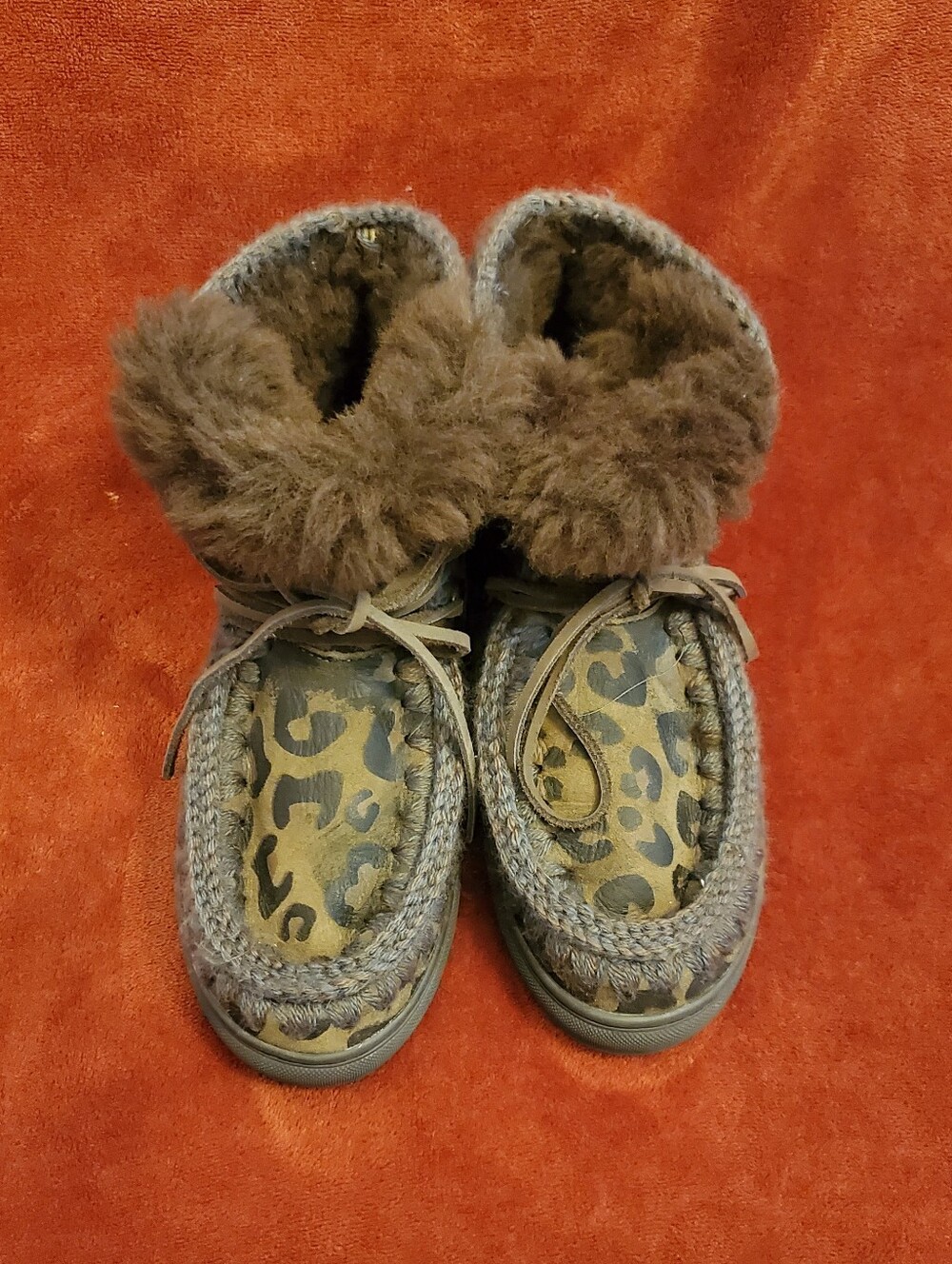 MOU GREEN LEOPARD PRINT LEATHER FUR-LINED BOOTS